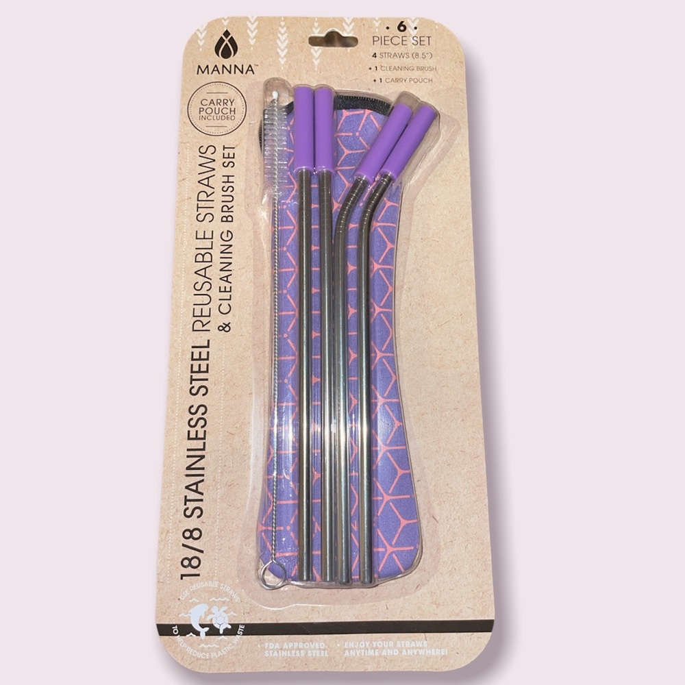 NWT Manna stainless steel reusable straws & cleaning brush set -with zip…